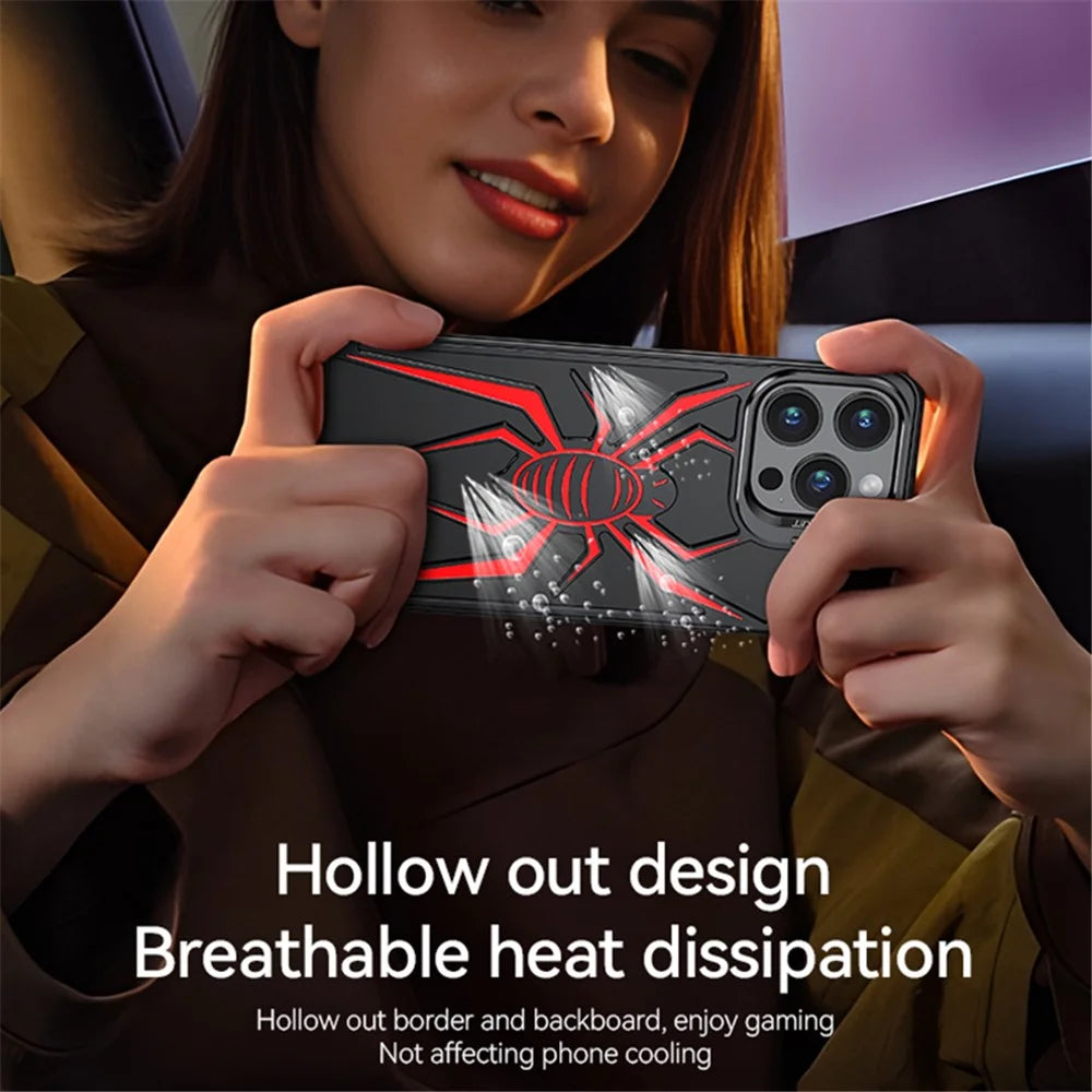 For iPhone 14 Pro Max Spider Design Airbag Case Hollow Out Aluminum Alloy Phone Cover - Red - 6