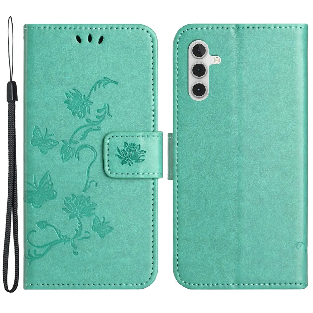 For Samsung Galaxy M15 5G / F15 5G Flip Wallet Case Butterfly Flower Leather Phone Cover - Cyan - 1
