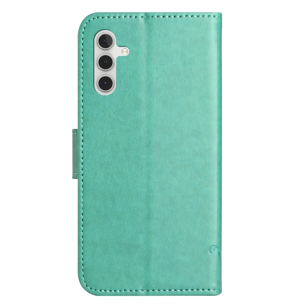 For Samsung Galaxy M15 5G / F15 5G Flip Wallet Case Butterfly Flower Leather Phone Cover - Cyan - 5