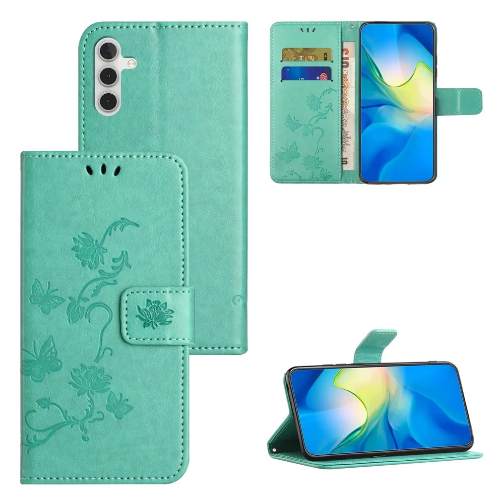 For Samsung Galaxy M15 5G / F15 5G Flip Wallet Case Butterfly Flower Leather Phone Cover - Cyan - 6
