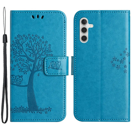 Leather Case for Samsung Galaxy M15 5G / F15 5G , Wallet Phone Cover Imprinted Owl Tree - Blue - 1