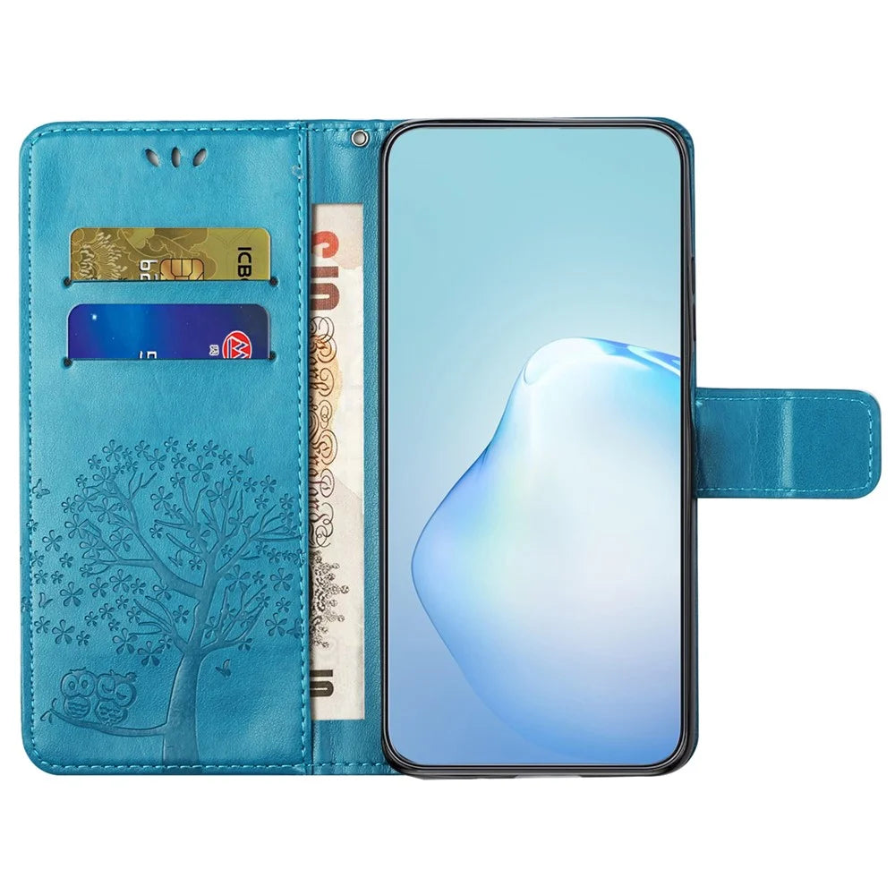 Leather Case for Samsung Galaxy M15 5G / F15 5G , Wallet Phone Cover Imprinted Owl Tree - Blue - 2