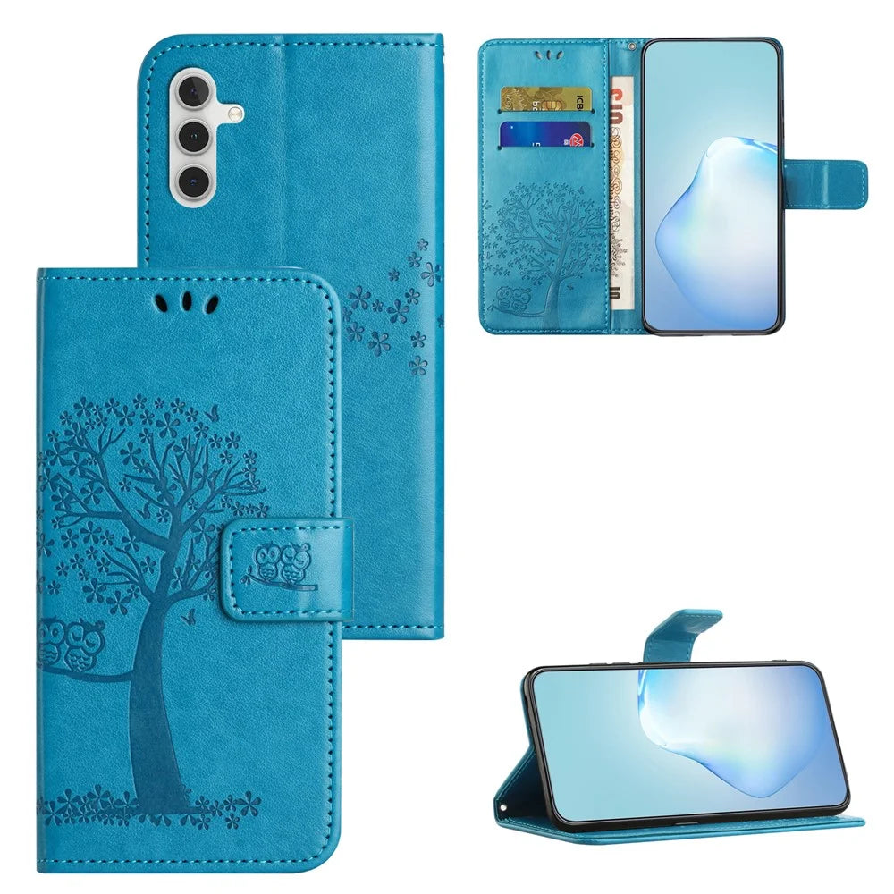 Leather Case for Samsung Galaxy M15 5G / F15 5G , Wallet Phone Cover Imprinted Owl Tree - Blue - 6