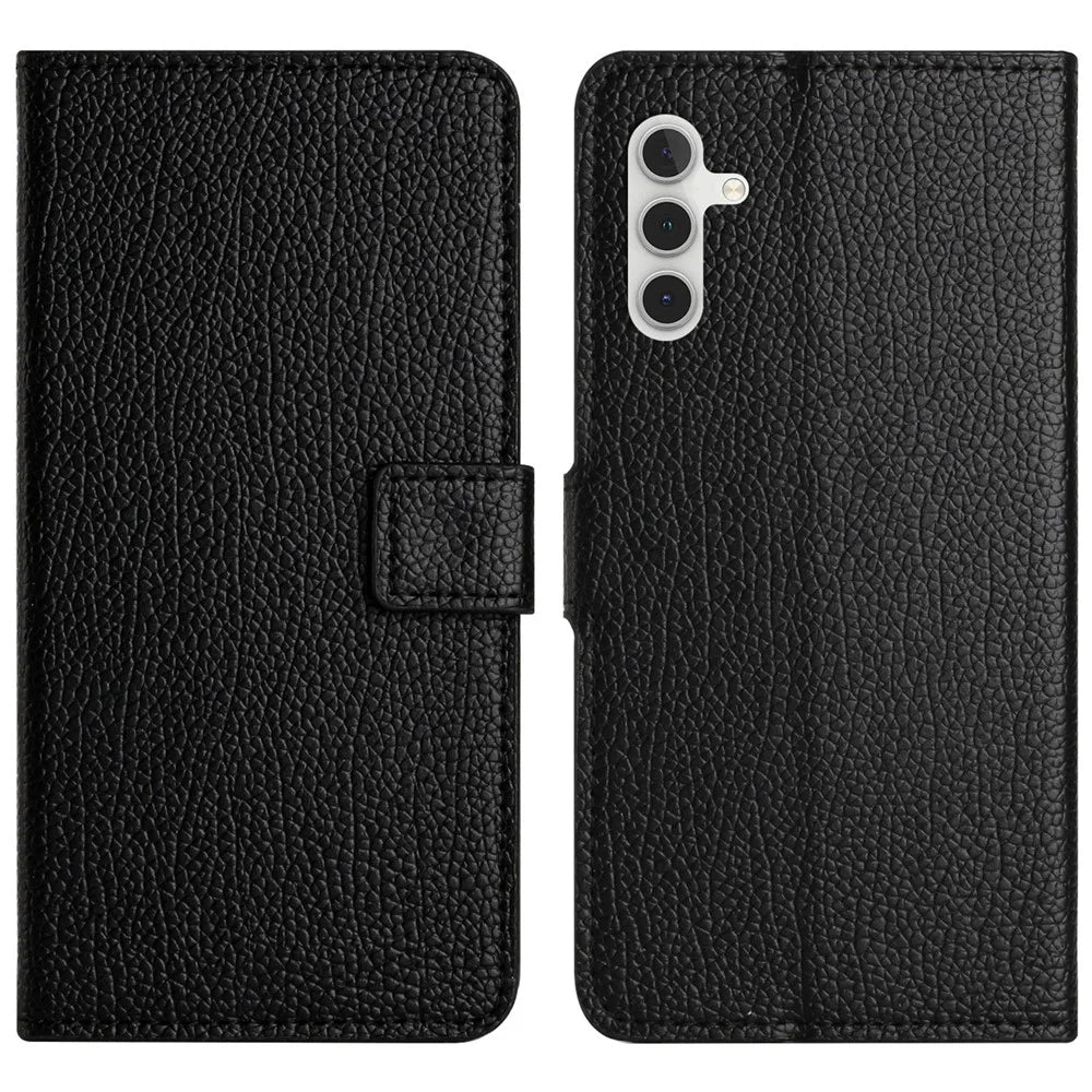 Stand Shell for Samsung Galaxy M15 5G / F15 5G , Wallet Litchi Texture Leather Phone Cover - Black - 1