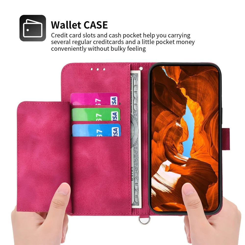 For Samsung Galaxy M55 5G / C55 5G / F55 5G Case Card Slots Wallet Leather Phone Cover with 2 Straps - Wine Red - 4