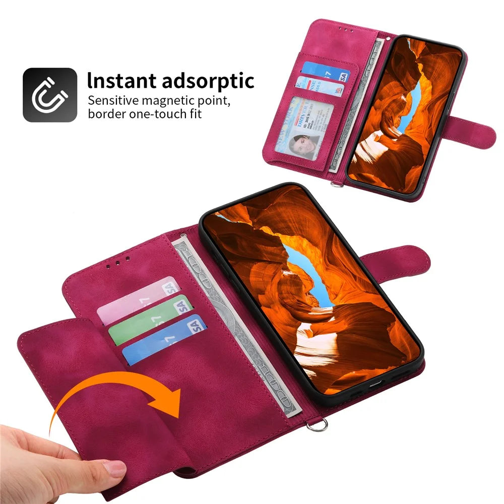 For Samsung Galaxy M55 5G / C55 5G / F55 5G Case Card Slots Wallet Leather Phone Cover with 2 Straps - Wine Red - 5
