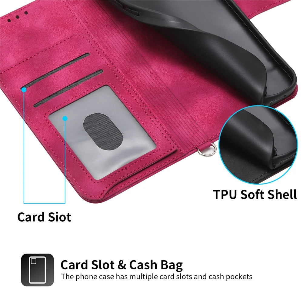 For Samsung Galaxy M55 5G / C55 5G / F55 5G Case Card Slots Wallet Leather Phone Cover with 2 Straps - Wine Red - 6