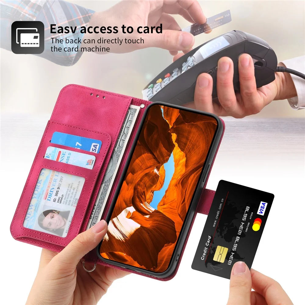 For Samsung Galaxy M55 5G / C55 5G / F55 5G Case Card Slots Wallet Leather Phone Cover with 2 Straps - Wine Red - 7