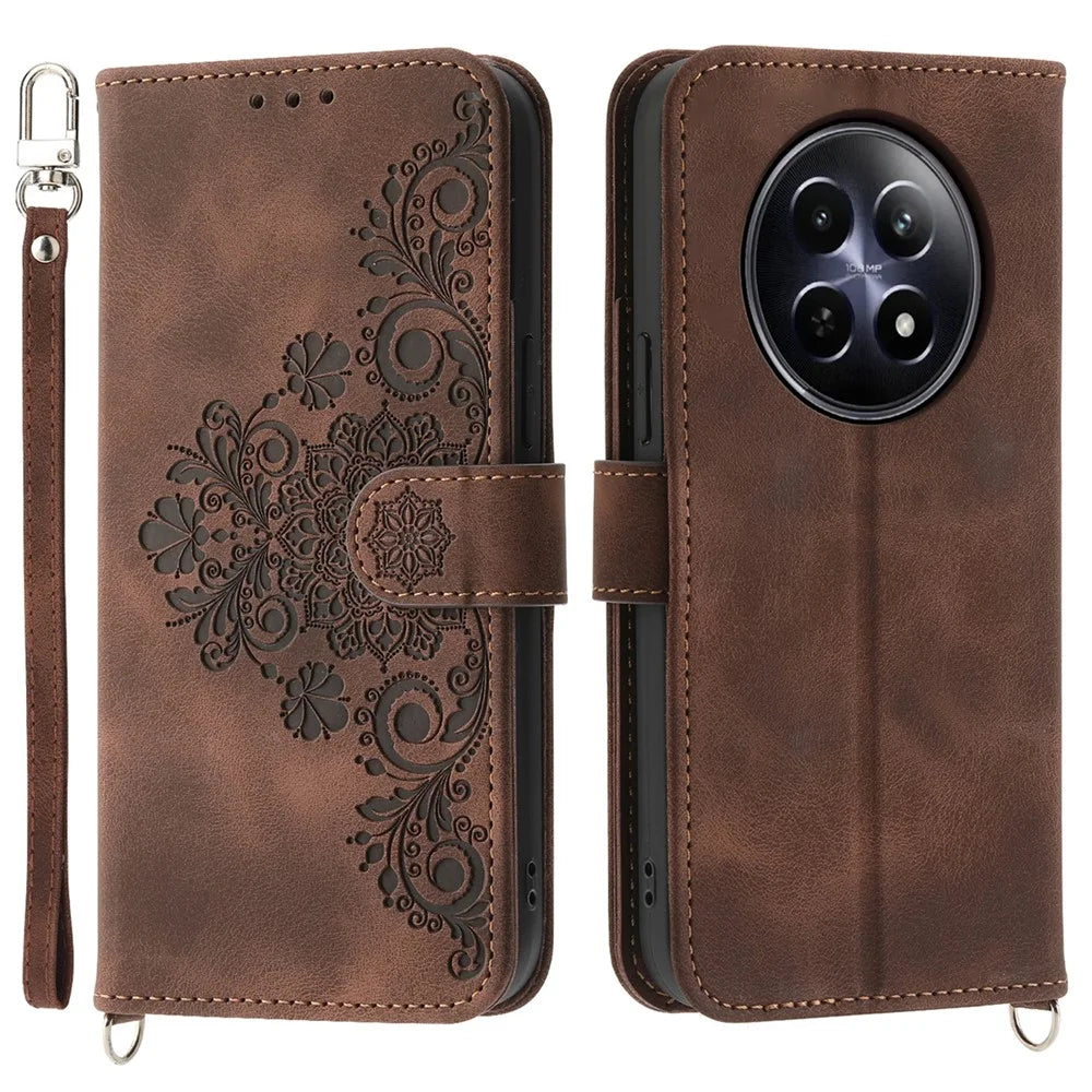 For Realme 12 5G / 12x 5G Wallet Phone Case Flower Imprinted PU Leather Cover   Cell Phone Accessories - Brown - 1