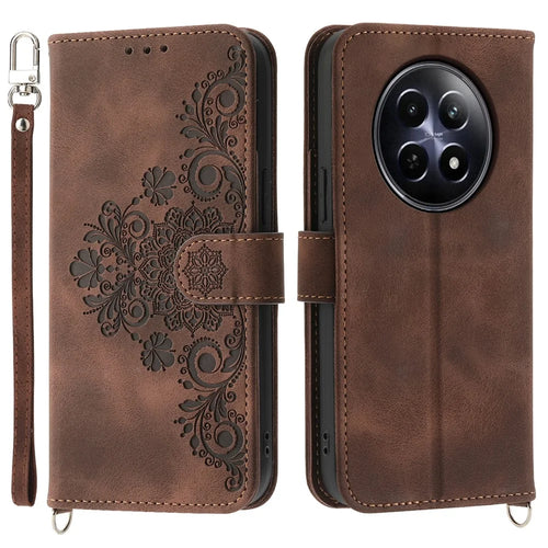 For Realme 12 5G / 12x 5G Wallet Phone Case Flower Imprinted PU Leather Cover   Cell Phone Accessories - Brown - 1