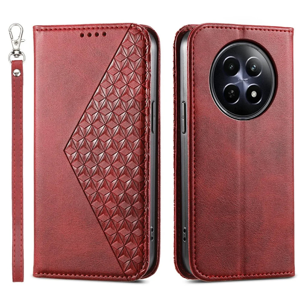 For Realme 12 5G / 12x 5G Case Rhombus Imprinted Leather Cell Phone Cases   - Red - 1