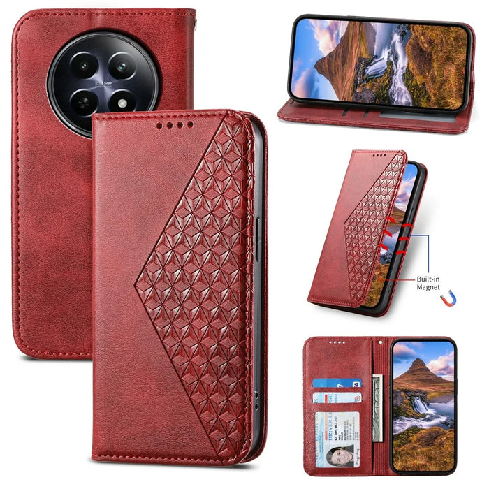 For Realme 12 5G / 12x 5G Case Rhombus Imprinted Leather Cell Phone Cases   - Red - 7