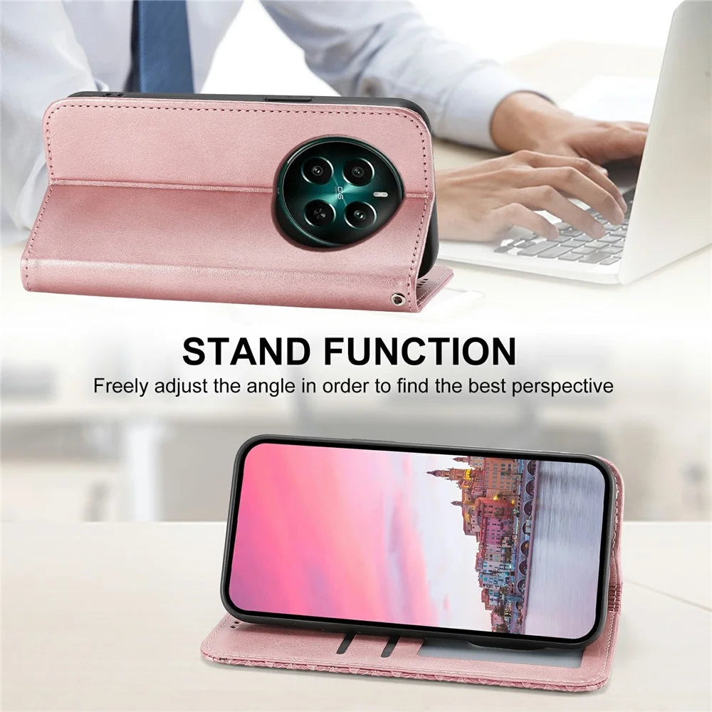 For Realme 12 4G / 12+ 5G / Narzo 70 Pro 5G Wallet Case PU Leather Phone Cover Mobile Accessories   - Rose Gold - 4