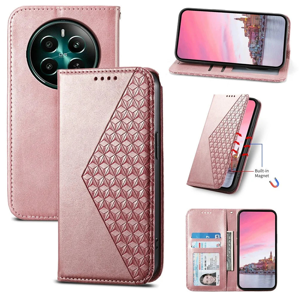 For Realme 12 4G / 12+ 5G / Narzo 70 Pro 5G Wallet Case PU Leather Phone Cover Mobile Accessories   - Rose Gold - 7