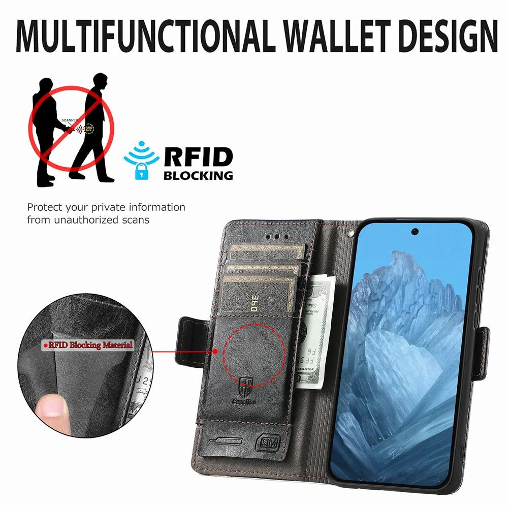 For Google Pixel 10 Pro XL / 9 Pro XL Phone Cases CASENEO PU Leather Cover Stand with RFID Blocking Wallet - Black - 5
