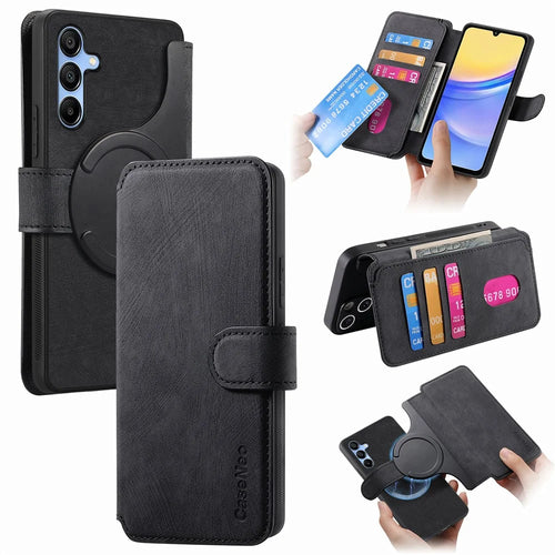 For Samsung Galaxy A15 4G / 5G Magnetic Case CASENEO Detachable Leather Phone Wallet Cover - Black - 1