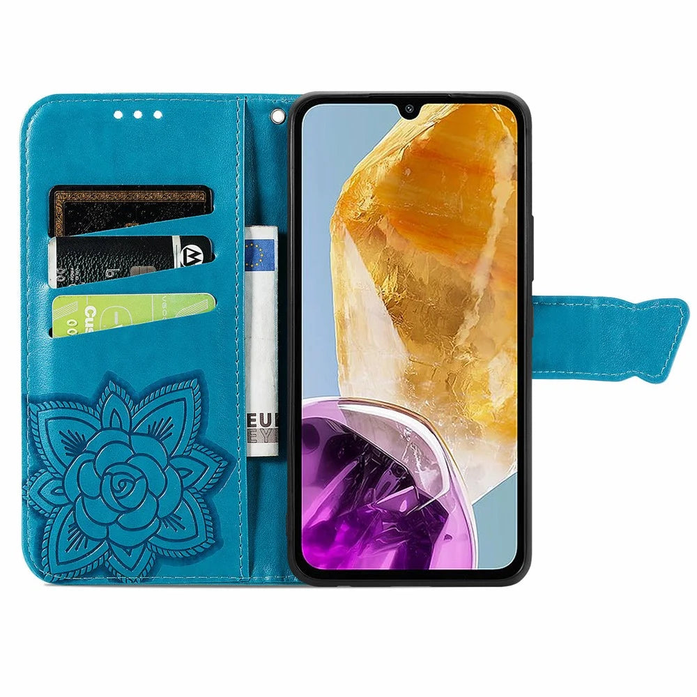 For Samsung Galaxy M15 5G Case Butterfly Pattern PU Leather Hand Strap Wallet Purse Phone Cover - Blue - 2
