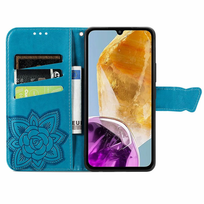 For Samsung Galaxy M15 5G Case Butterfly Pattern PU Leather Hand Strap Wallet Purse Phone Cover - Blue - 2