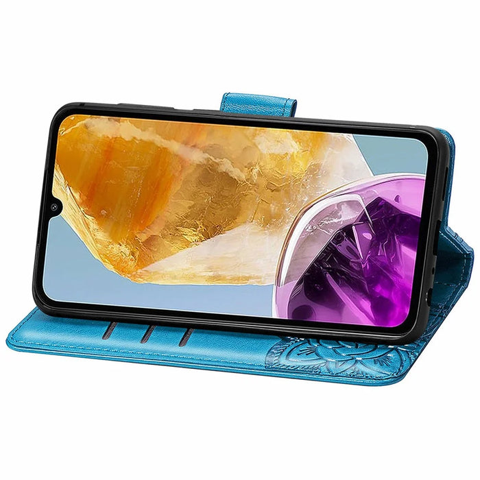 For Samsung Galaxy M15 5G Case Butterfly Pattern PU Leather Hand Strap Wallet Purse Phone Cover - Blue - 3