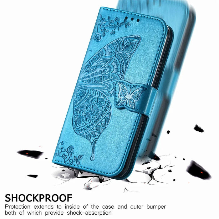 For Samsung Galaxy M15 5G Case Butterfly Pattern PU Leather Hand Strap Wallet Purse Phone Cover - Blue - 5