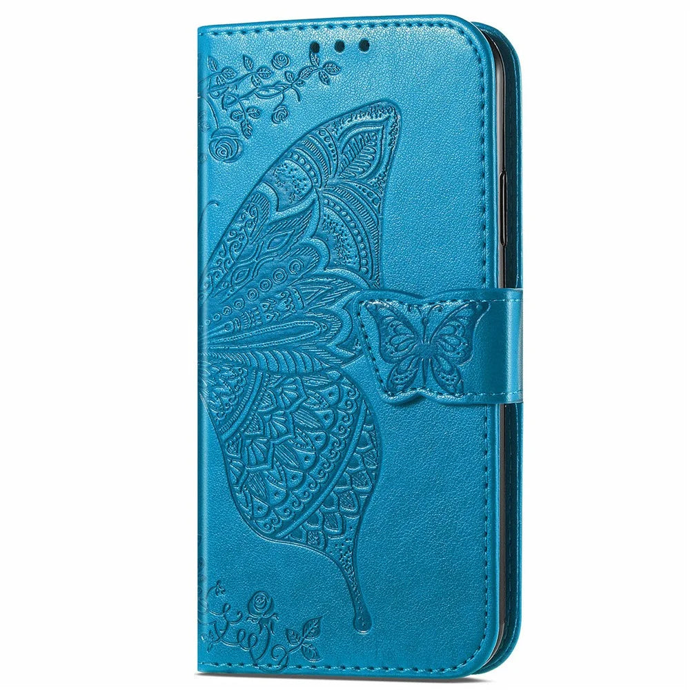 For Samsung Galaxy M15 5G Case Butterfly Pattern PU Leather Hand Strap Wallet Purse Phone Cover - Blue - 7