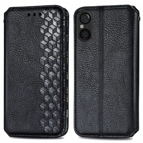 For Sony Xperia 5 V PU Leather Case Rhombus Imprint Wallet Stand Phone Cover - Black - 1