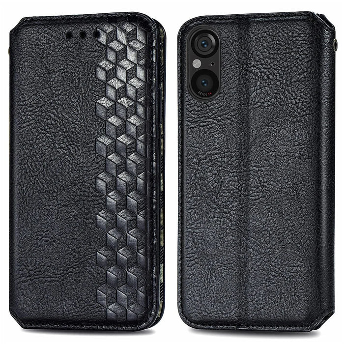 For Sony Xperia 5 V PU Leather Case Rhombus Imprint Wallet Stand Phone Cover - Black - 1