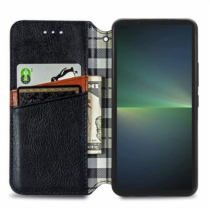 For Sony Xperia 5 V PU Leather Case Rhombus Imprint Wallet Stand Phone Cover - Black - 2