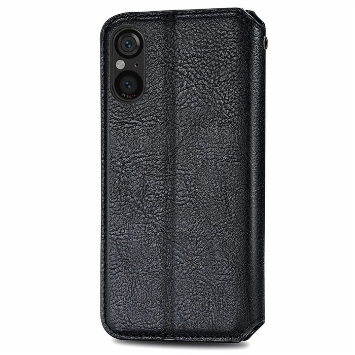 For Sony Xperia 5 V PU Leather Case Rhombus Imprint Wallet Stand Phone Cover - Black - 5