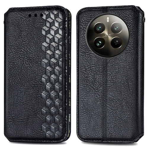 For Realme 12 4G / 12+ 5G PU Leather Case Rhombus Imprint Wallet Stand Phone Cover - Black - 1