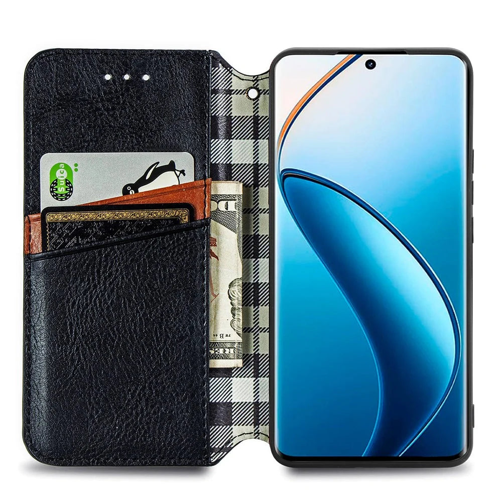 For Realme 12 4G / 12+ 5G PU Leather Case Rhombus Imprint Wallet Stand Phone Cover - Black - 2