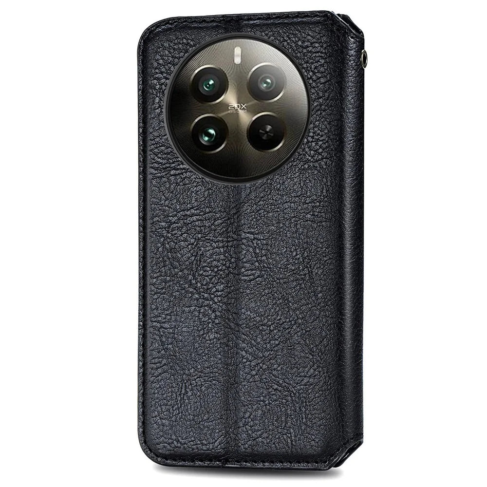 For Realme 12 4G / 12+ 5G PU Leather Case Rhombus Imprint Wallet Stand Phone Cover - Black - 6