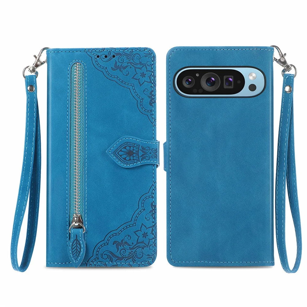 For Google Pixel 10 Pro XL / 9 Pro XL Zipper Wallet Case with Strap Flower Imprint PU Leather Phone Cover - Blue - 1