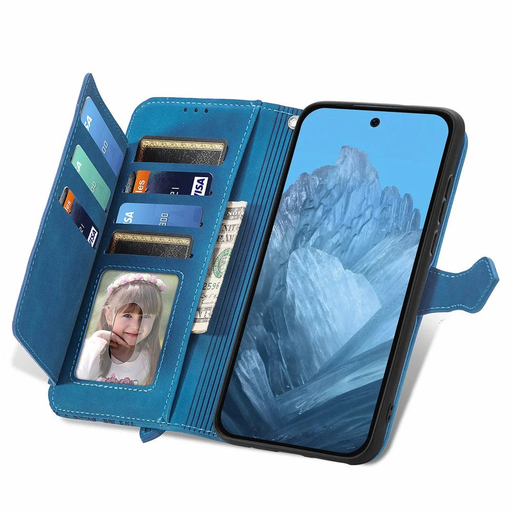 For Google Pixel 10 Pro XL / 9 Pro XL Zipper Wallet Case with Strap Flower Imprint PU Leather Phone Cover - Blue - 2