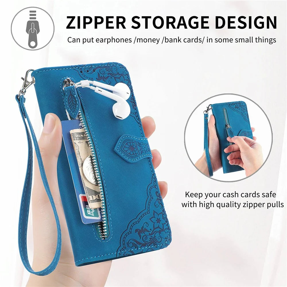 For Google Pixel 10 Pro XL / 9 Pro XL Zipper Wallet Case with Strap Flower Imprint PU Leather Phone Cover - Blue - 3
