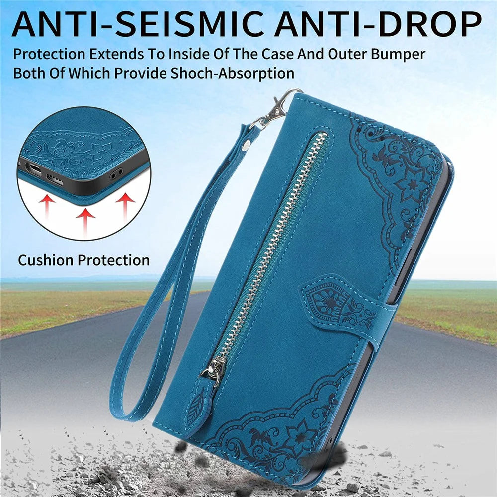 For Google Pixel 10 Pro XL / 9 Pro XL Zipper Wallet Case with Strap Flower Imprint PU Leather Phone Cover - Blue - 4