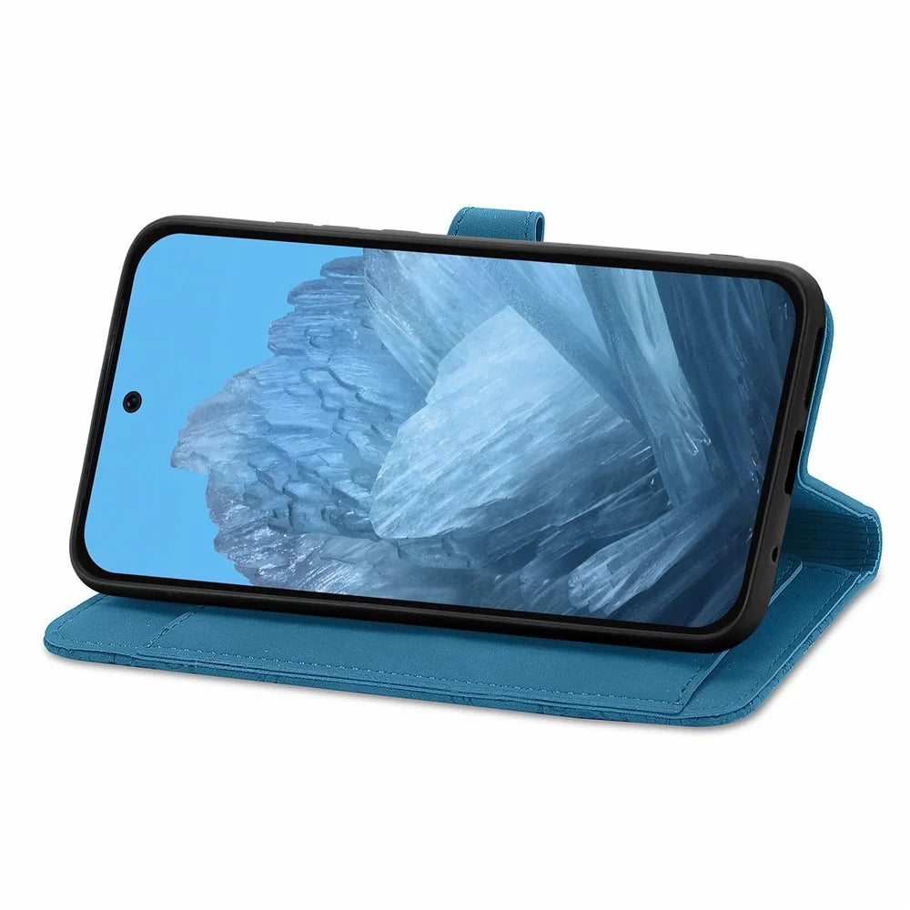 For Google Pixel 10 Pro XL / 9 Pro XL Zipper Wallet Case with Strap Flower Imprint PU Leather Phone Cover - Blue - 5