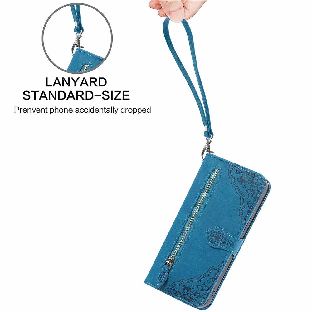 For Google Pixel 10 Pro XL / 9 Pro XL Zipper Wallet Case with Strap Flower Imprint PU Leather Phone Cover - Blue - 6