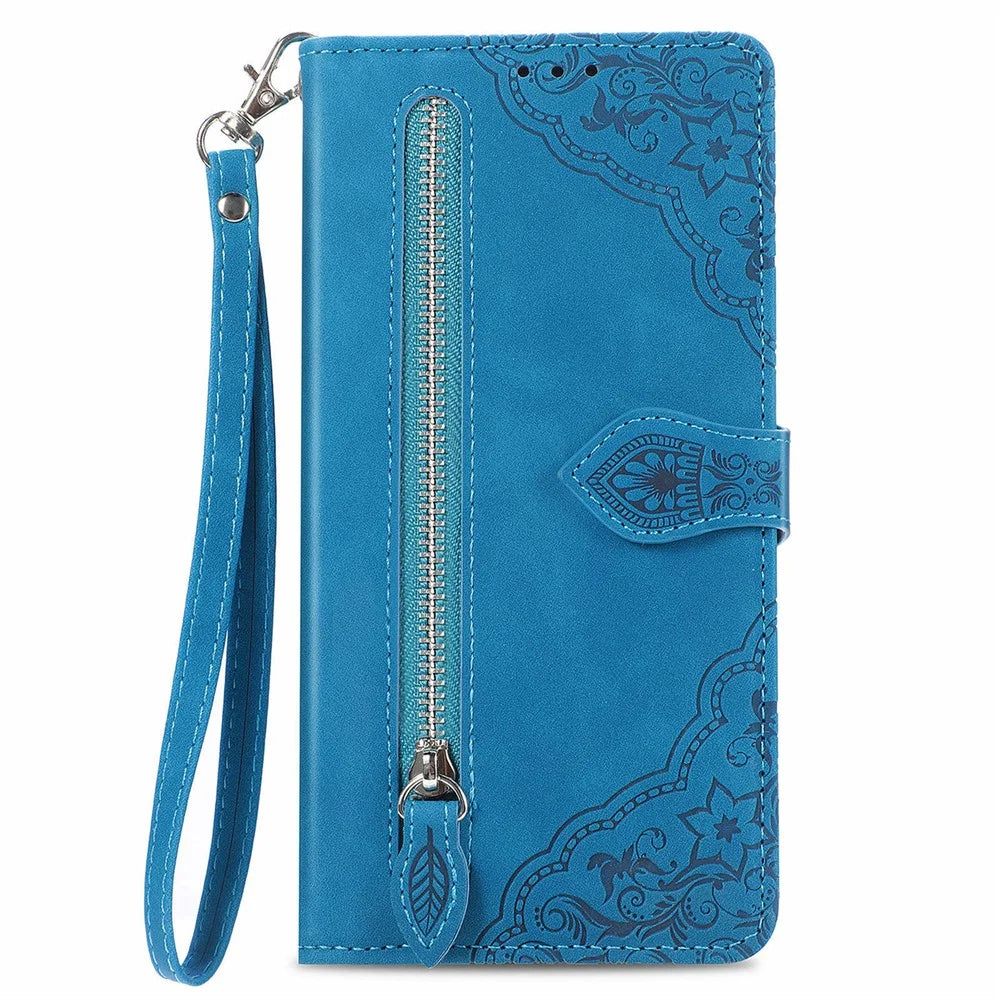 For Google Pixel 10 Pro XL / 9 Pro XL Zipper Wallet Case with Strap Flower Imprint PU Leather Phone Cover - Blue - 7