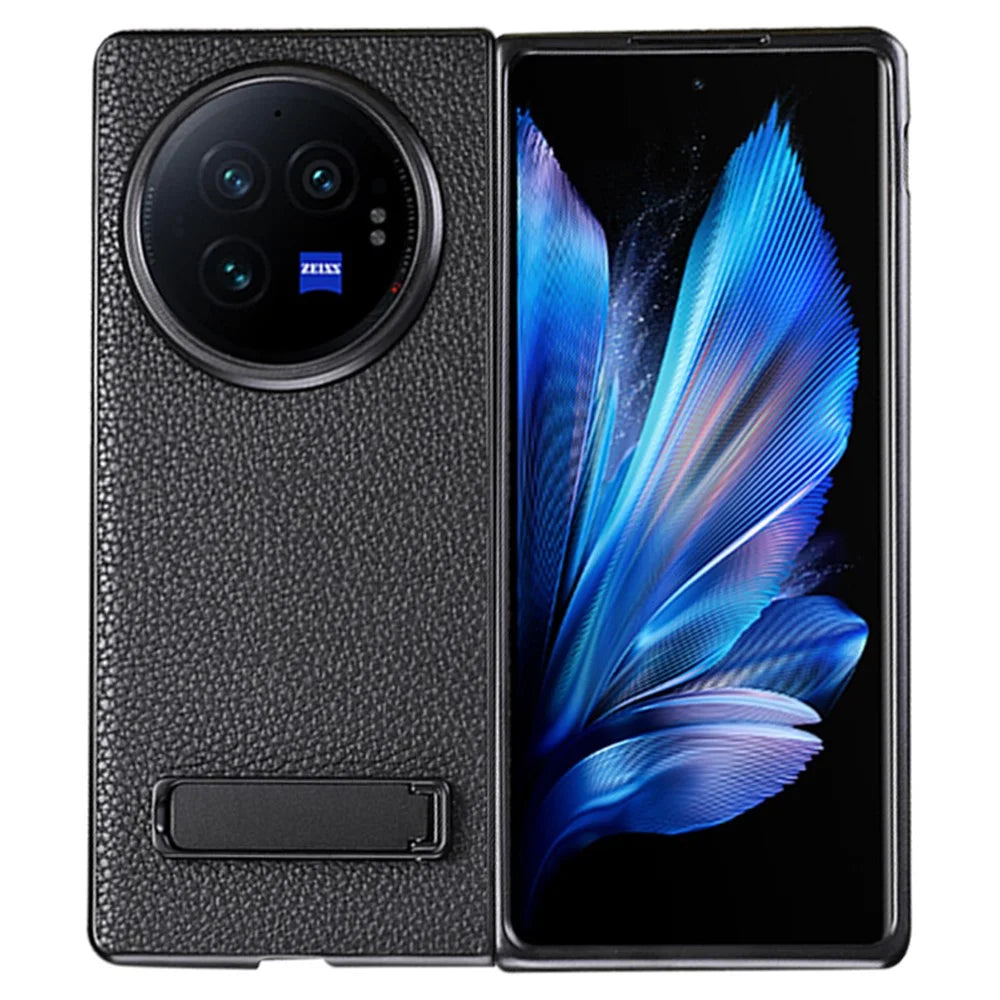 For vivo X Fold3 Pro Cell Phone Cover Drop-proof PC+PU Leather Hidden Kickstand Case - Black - 1