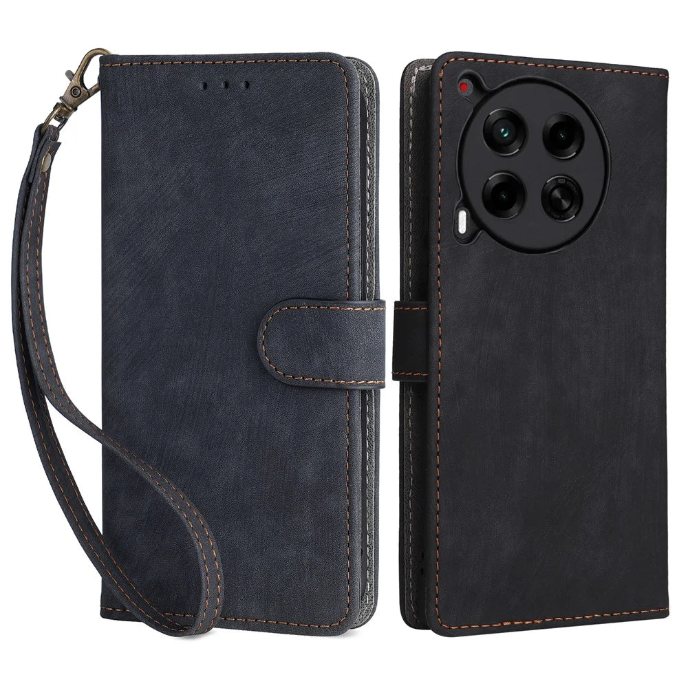 For TECNO Camon 30 5G CL7 Magnetic Case RFID Blocking Wallet Cover with Wrist Strap - Black - 1