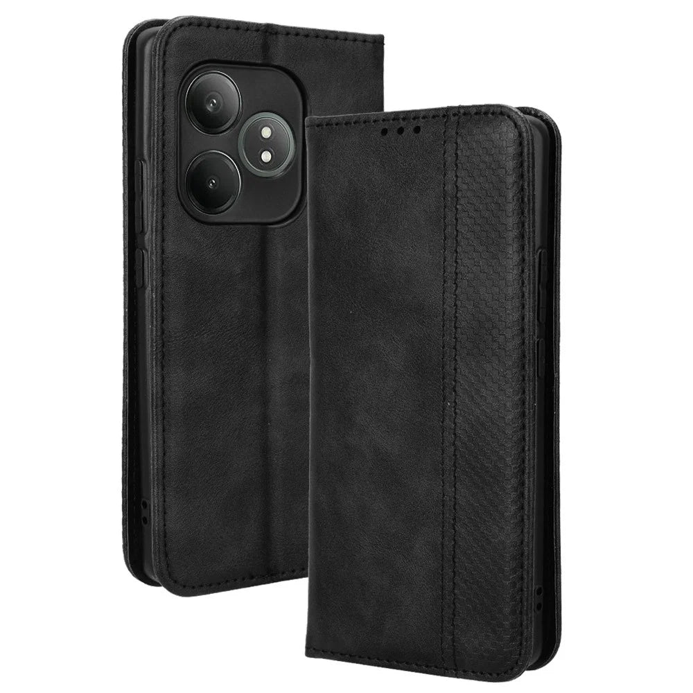 For Realme GT Neo6 SE 5G / Neo6 5G / GT 6 5G / GT 6T 5G Magnetic Case Retro PU Leather Drop-Resistant Phone Cover - Black - 1