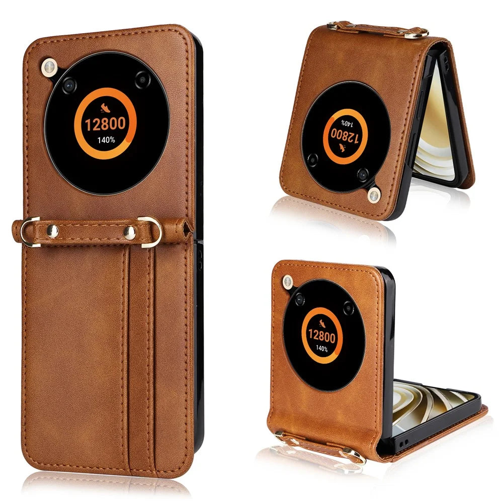 For ZTE nubia Flip 5G / Libero Flip A304ZT Case Card Holder Leather Phone Cover with Lanyard - Brown - 1