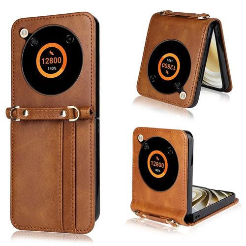 For ZTE nubia Flip 5G / Libero Flip A304ZT Case Card Holder Leather Phone Cover with Lanyard - Brown - 1