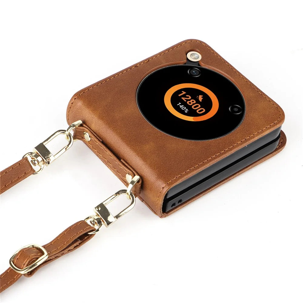 For ZTE nubia Flip 5G / Libero Flip A304ZT Case Card Holder Leather Phone Cover with Lanyard - Brown - 6