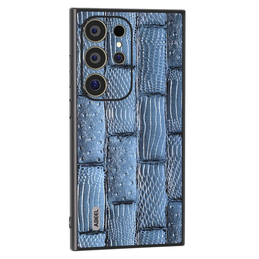 ABEEL For Samsung Galaxy S24 Ultra Case Mahjong Texture Genuine Cow Leather Shockproof Back Cover - Blue - 1