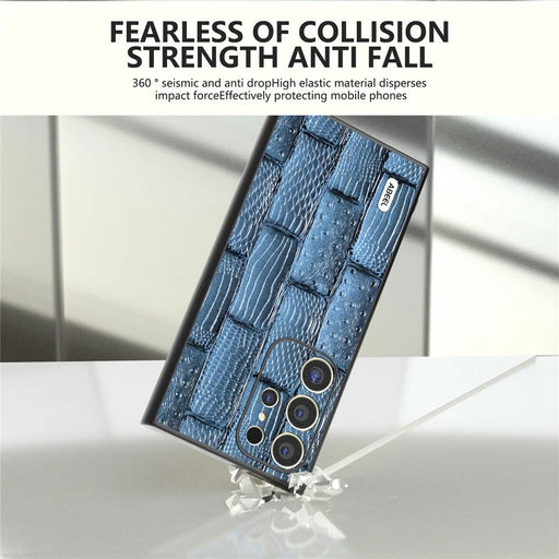 ABEEL For Samsung Galaxy S24 Ultra Case Mahjong Texture Genuine Cow Leather Shockproof Back Cover - Blue - 2