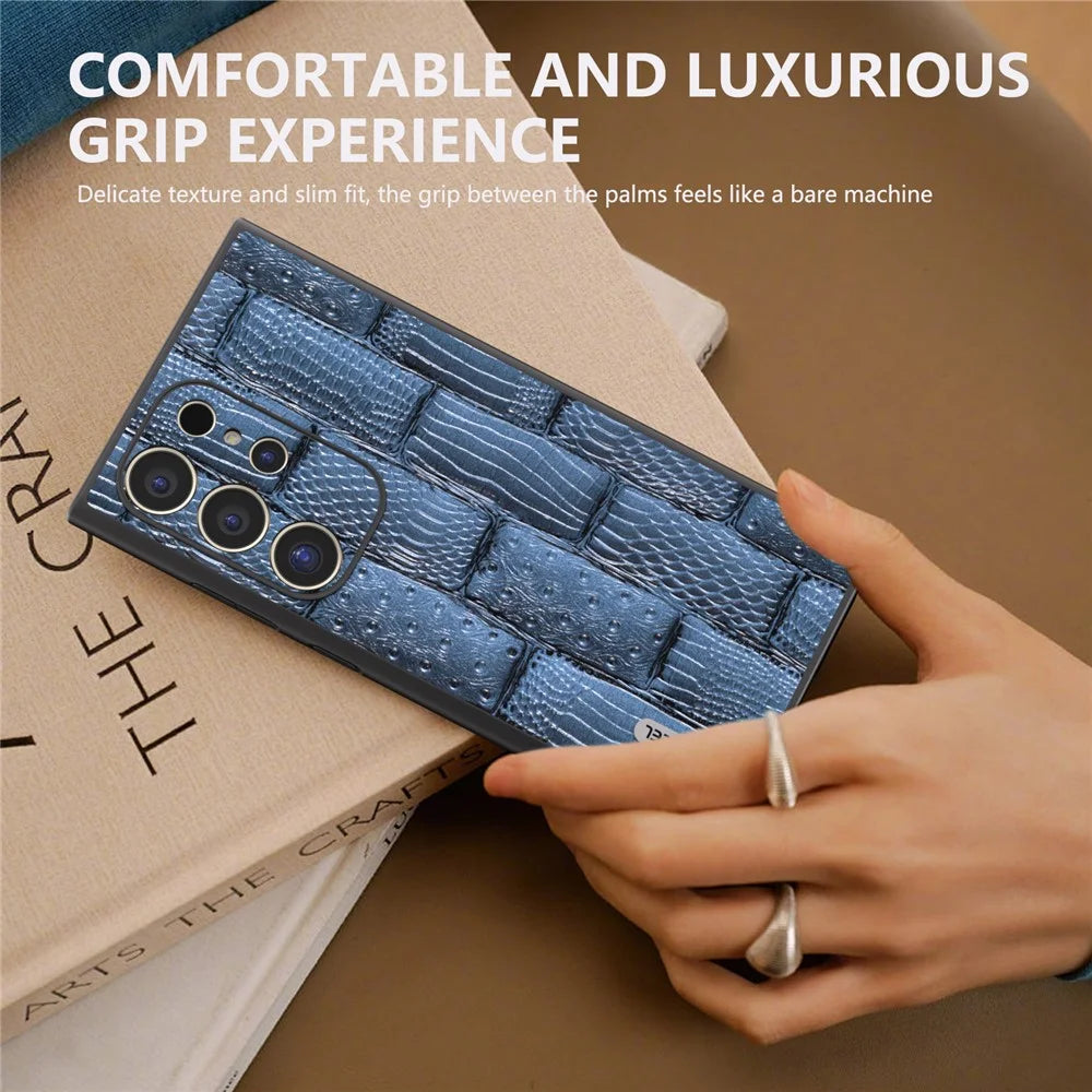 ABEEL For Samsung Galaxy S24 Ultra Case Mahjong Texture Genuine Cow Leather Shockproof Back Cover - Blue - 5