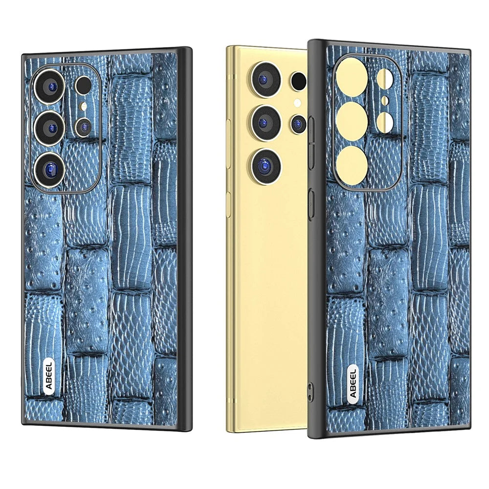 ABEEL For Samsung Galaxy S24 Ultra Case Mahjong Texture Genuine Cow Leather Shockproof Back Cover - Blue - 6
