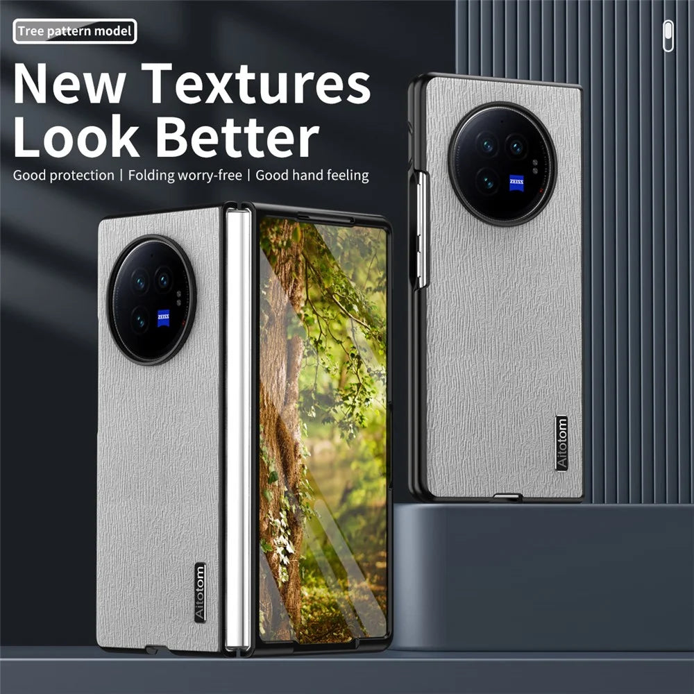 For vivo X Fold3 Case PU Leather+PC+TPU Tree Pattern Slim Protective Phone Cover - Grey - 7